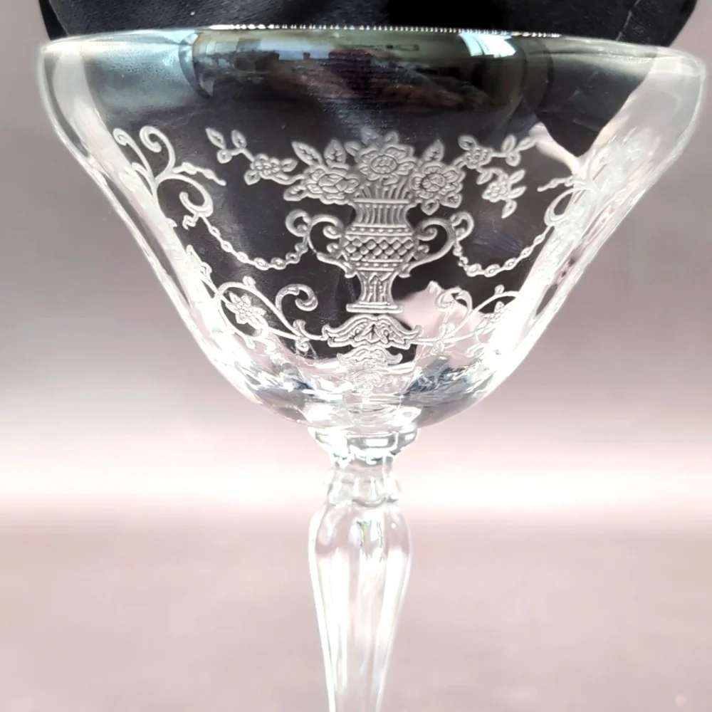 Six 6 Vintage Fostoria Florentine Etched Crystal Champagne Coupe Glasses 5.5